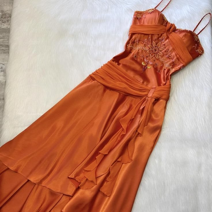 Spaghetti Strap Orange Retro Prom Dress Ruffled Evening Gown P1435