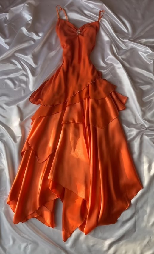 Spaghetti Strap Orange Retro Prom Dress Ruffled Evening Gown P1436