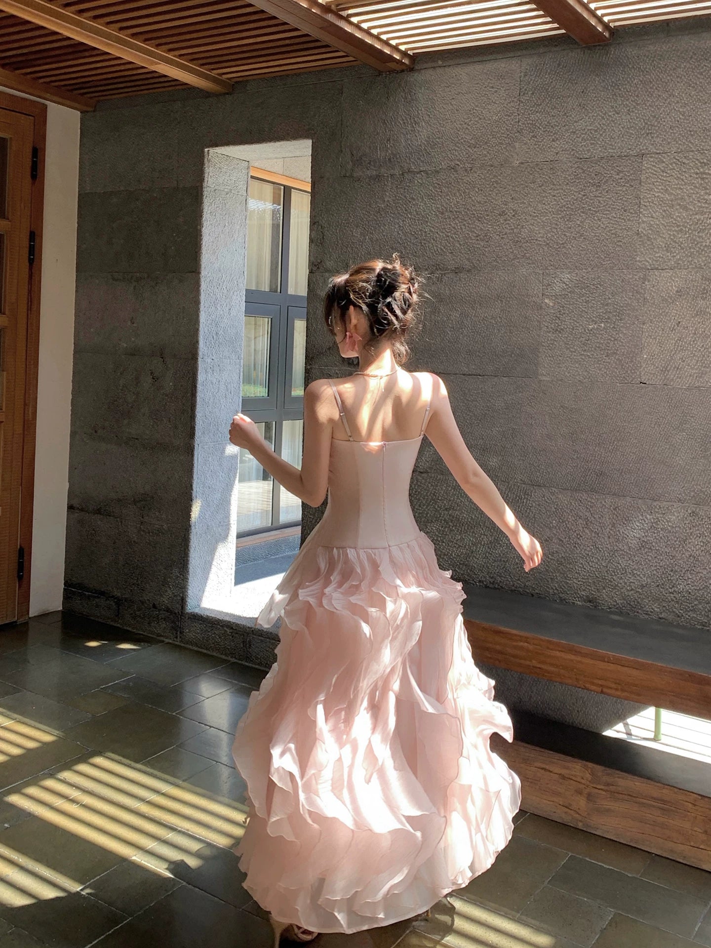 Spaghetti Strap Pink A Line Prom Dress Ruffled Birthday Dress L100