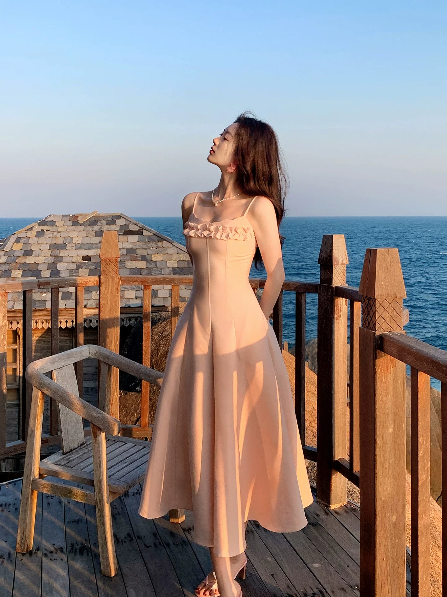 Spaghetti Strap Pink Satin Prom Dress Ruffled Wedding Guest Dress P1396