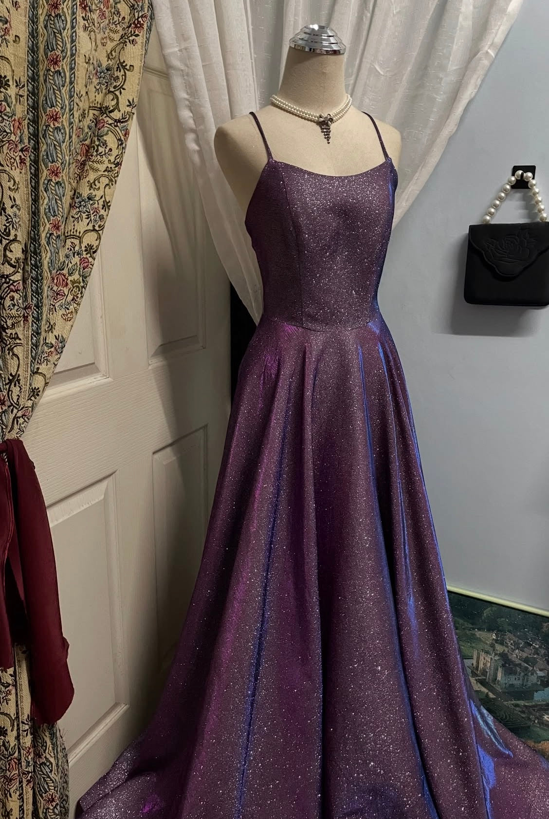 Spaghetti Strap Purple Sparkle Prom Dress Open Back Evening Gown P1608
