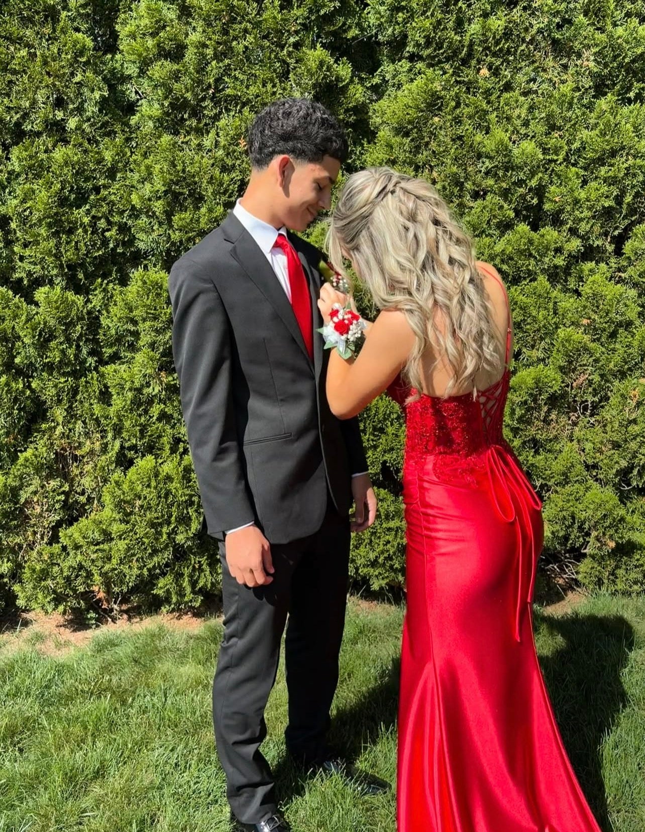 Spaghetti Strap Red Satin Prom Dress Appliques Evening Gown P1606
