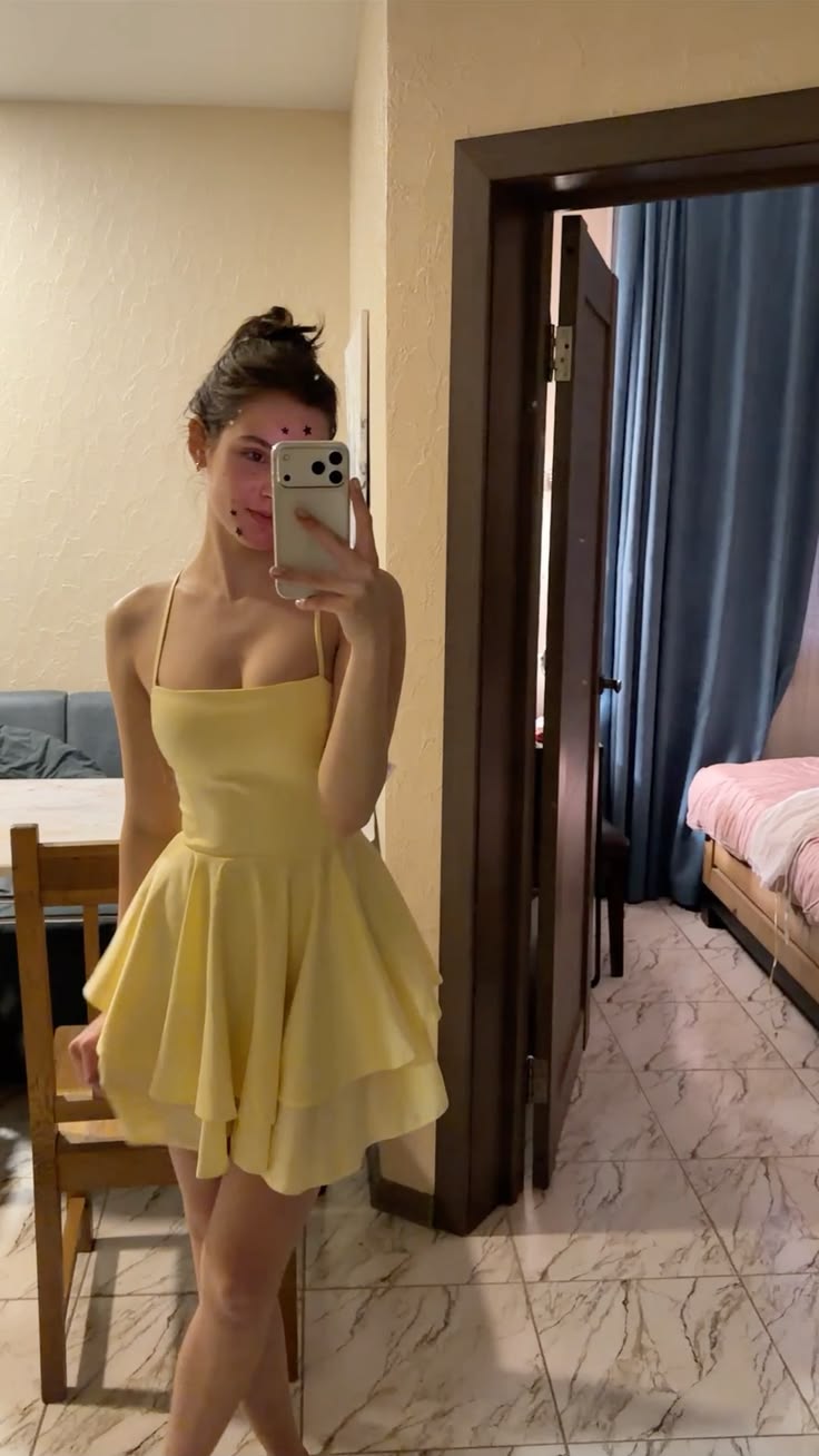Spaghetti Strap Yellow Chiffon Homecoming Dress A Line Party Dress P1415