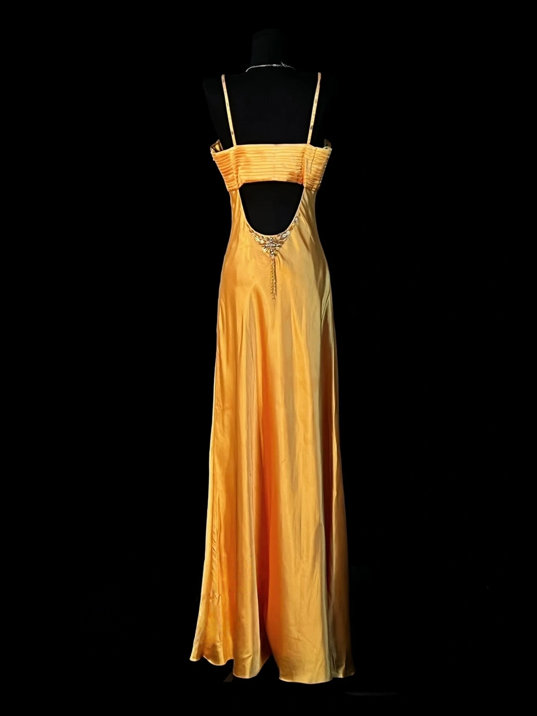 Spaghetti Strap Yellow Satin Prom Dress Beaded Retro Evening Dress P1199