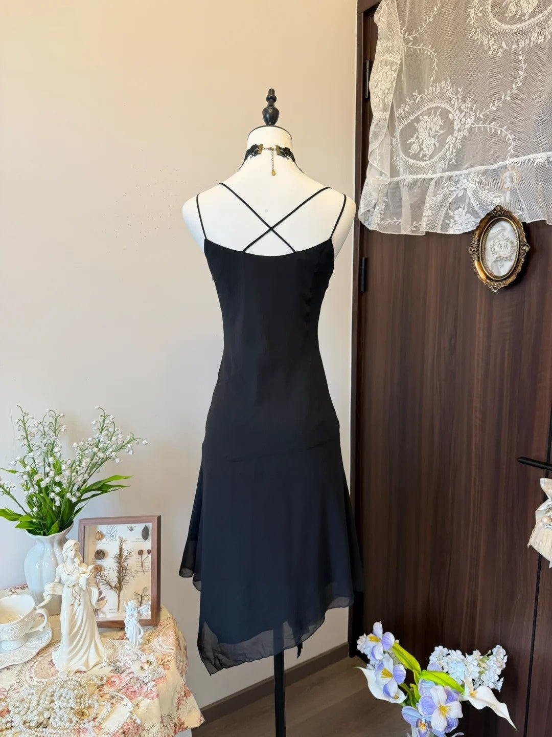 Spaghetti Straps Black Chiffon Retro Homecoming Dress Birthday Outfit P1900