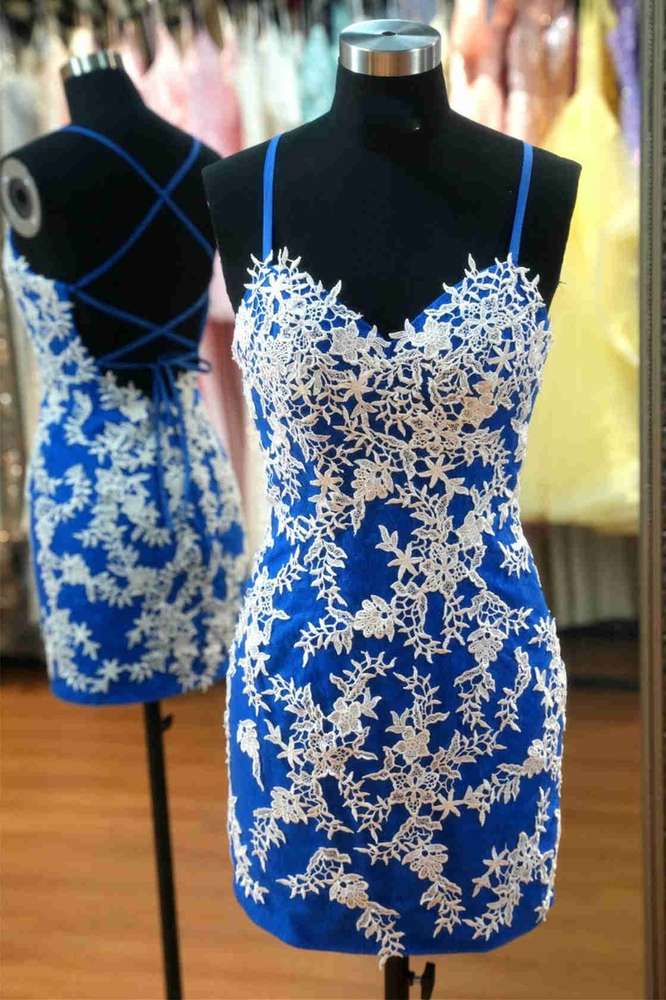 Spaghetti Straps Blue Mini Homecoming Dress With White Appliques P2287