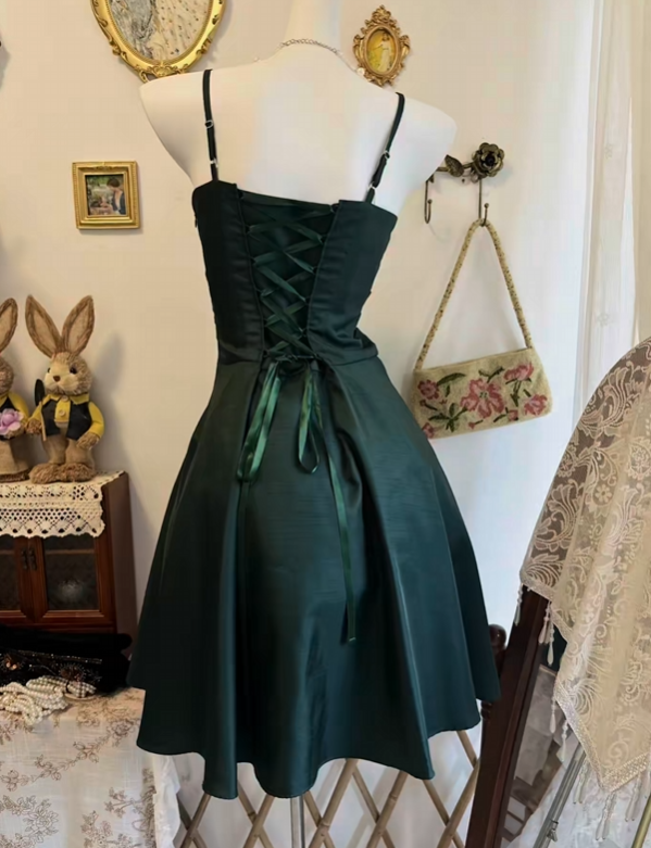 Spaghetti Straps Dark Green Retro Homecoming Dress Short Birthday Dress P2118