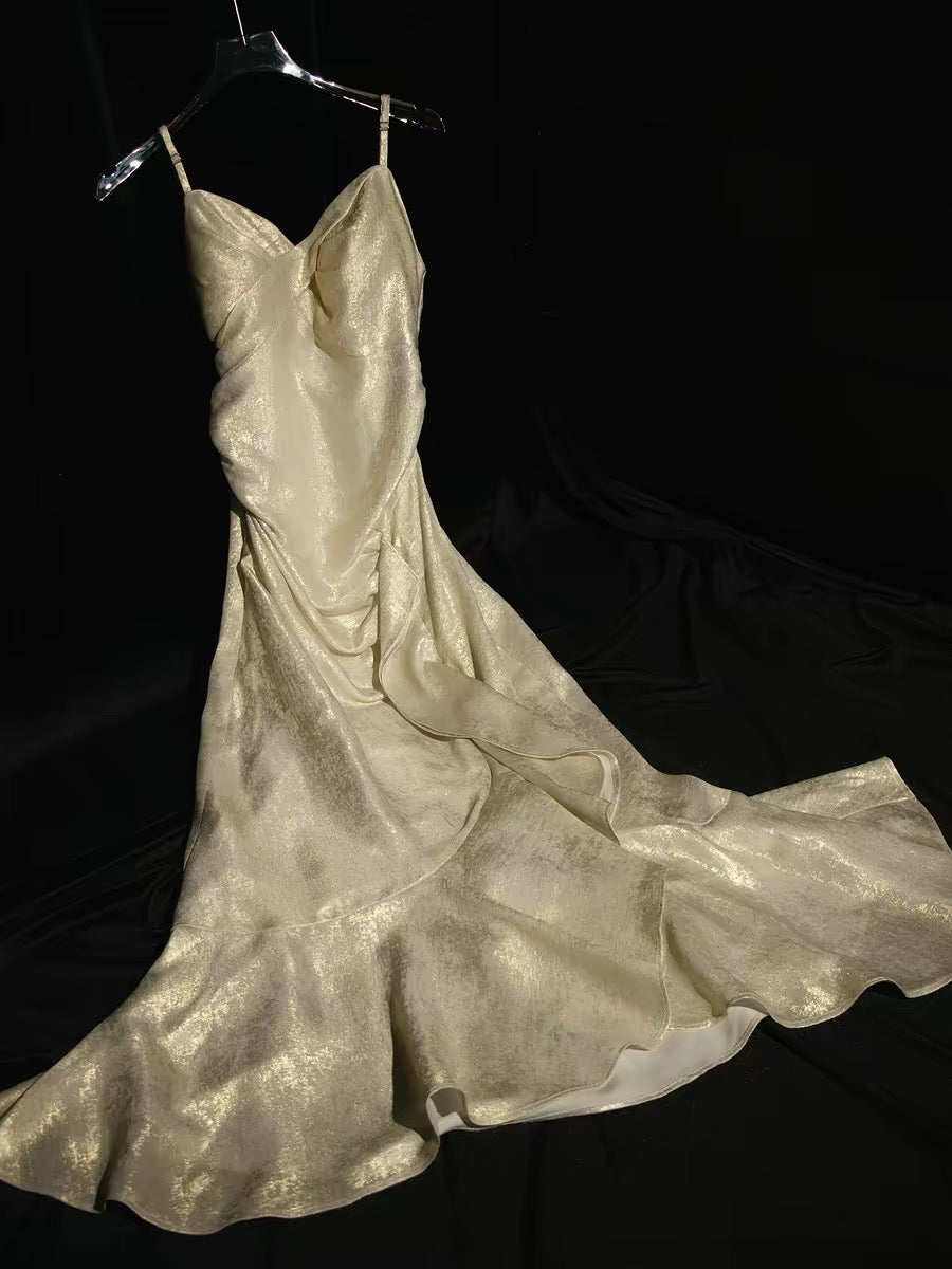Spaghetti Straps Gold Retro Ruffled Prom Dress P1558