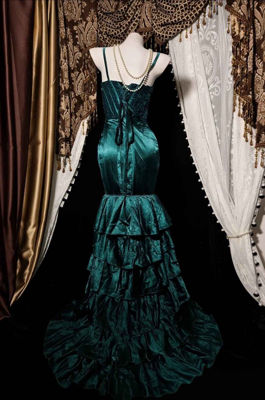 Spaghetti Straps Green Mermaid Prom Dress Layered Evening Gown P2611