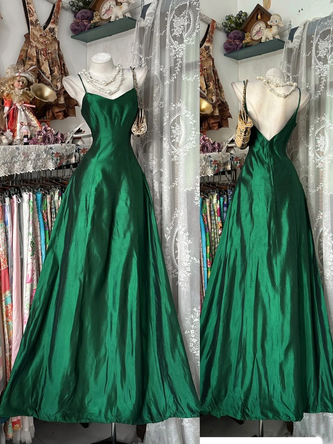 Spaghetti Straps Green Satin Formal Prom Dress P2401