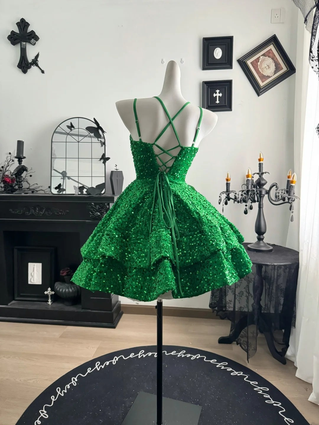 Spaghetti Straps Green Velvet Sequin Homecoming Dress Short Party Dress P1857