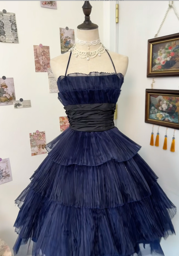 Spaghetti Straps Navy Blue Pleated Homecoming Dress Short Birthday Dress P1809