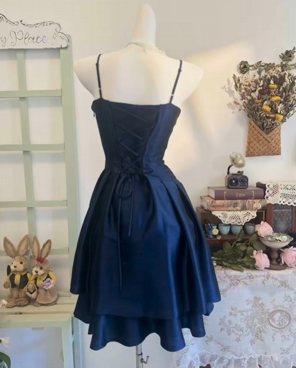 Spaghetti Straps Navy Blue Satin Retro Homecoming Dress P2121