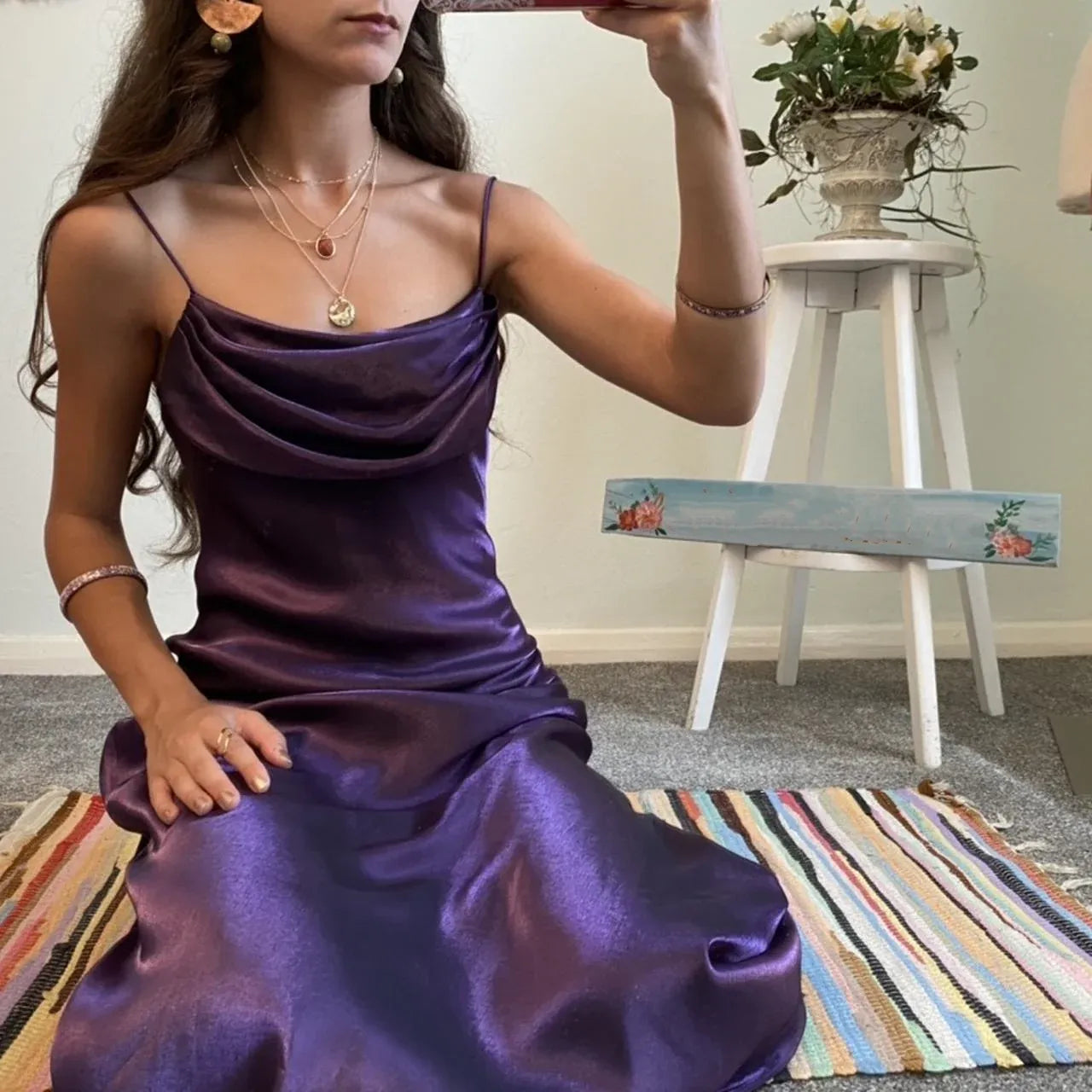 Spaghetti Straps Purple Sheath Prom Dress Satin Evening Dress P720