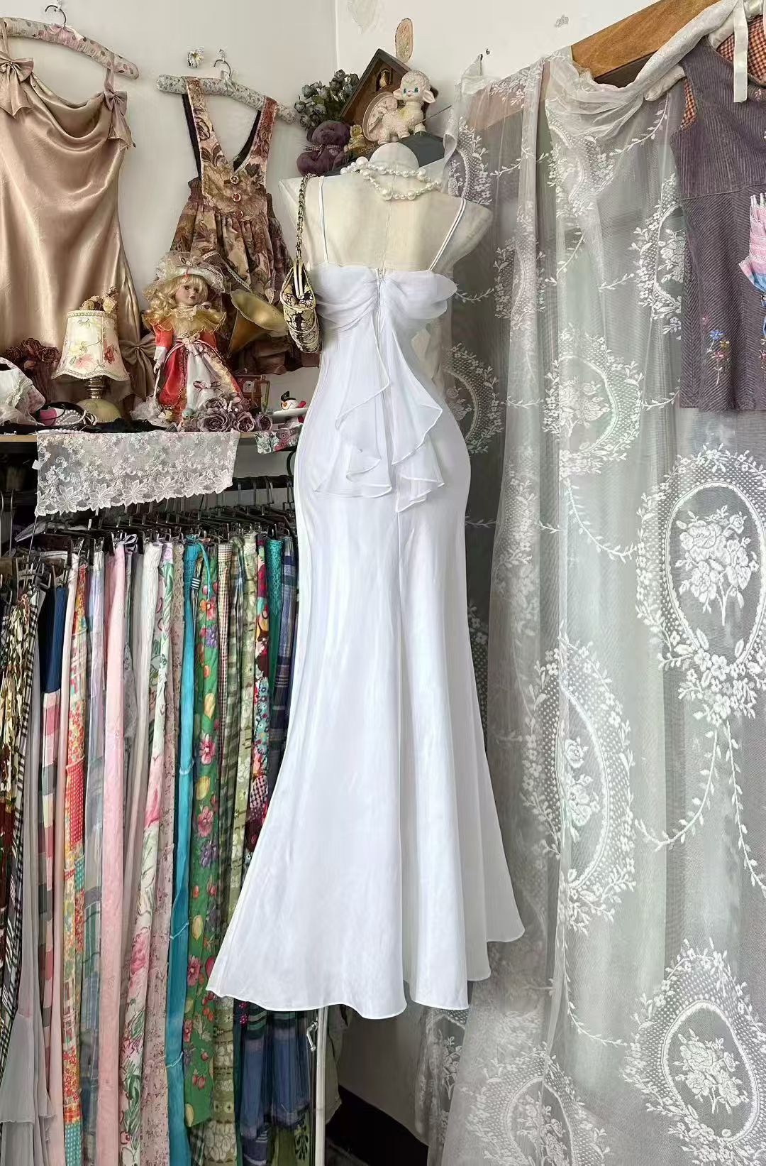 Spaghetti Straps Retro White Mermaid Formal Prom Dress P1956