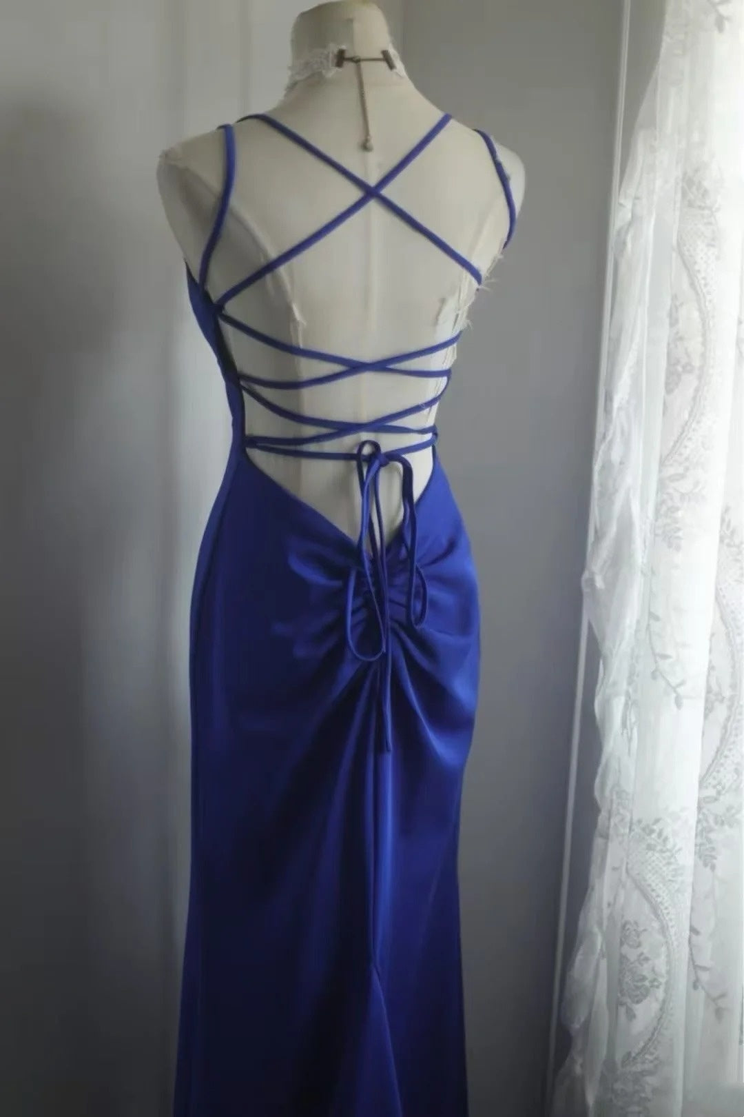 Spaghetti Straps Royal Blue Mermaid Prom Dress Open Back Evening Gown P2053