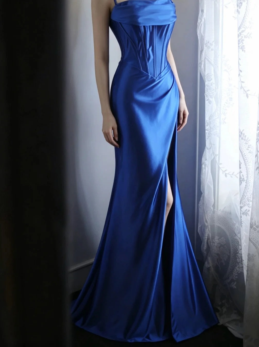 Spaghetti Straps Royal Blue Satin Formal Prom Dress With Slit P1888