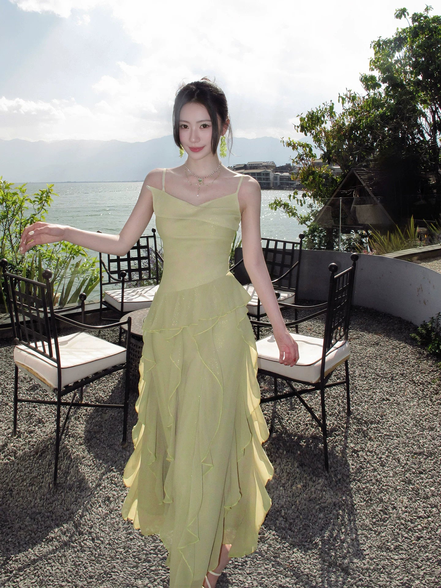 Spaghetti Straps Ruffled Green Wedding Guest Dress Chiffon Prom Dress P1650