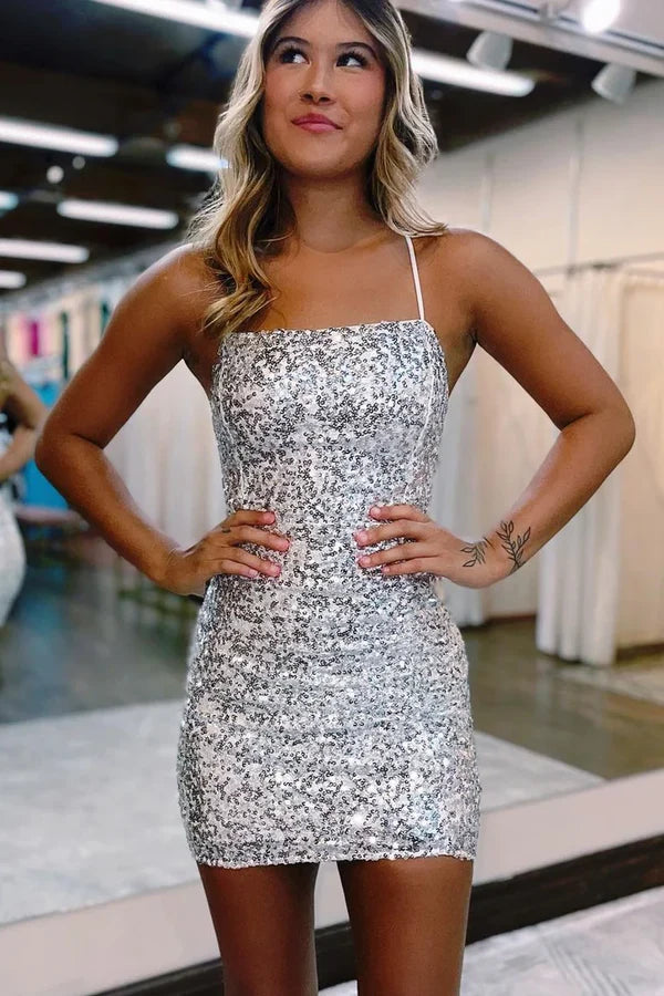 Spaghetti Straps Silver Sequins Homecoming Dress Short Cocktail Dress P2108