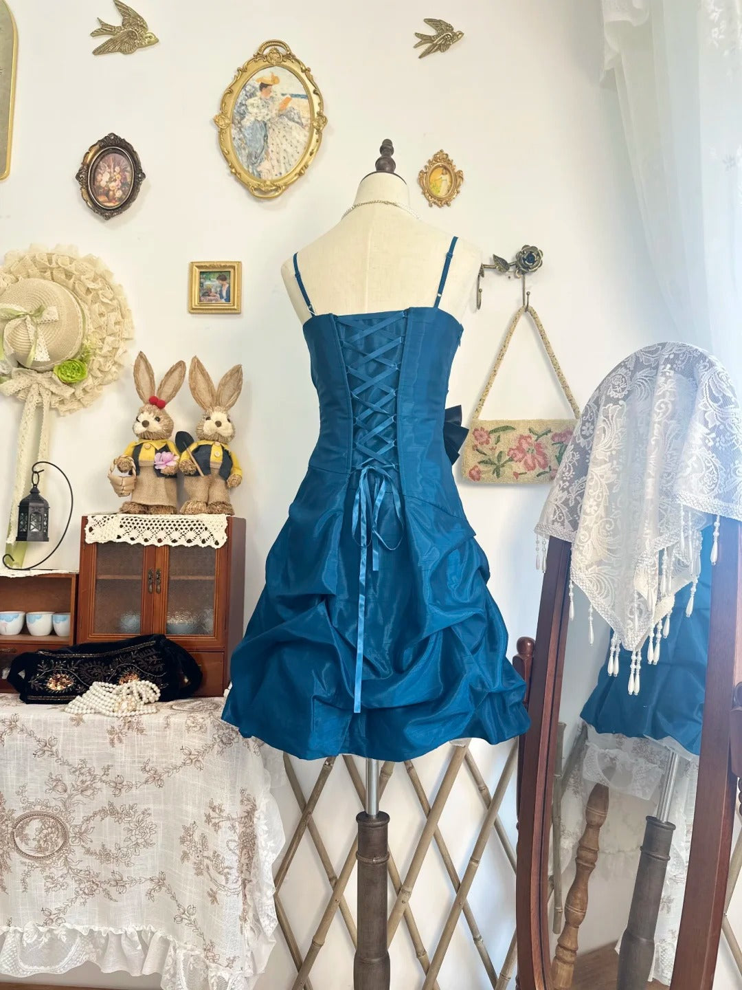 Spaghetti Straps Teal Retro Birthday Dress A Line Homecoming Dress P2137