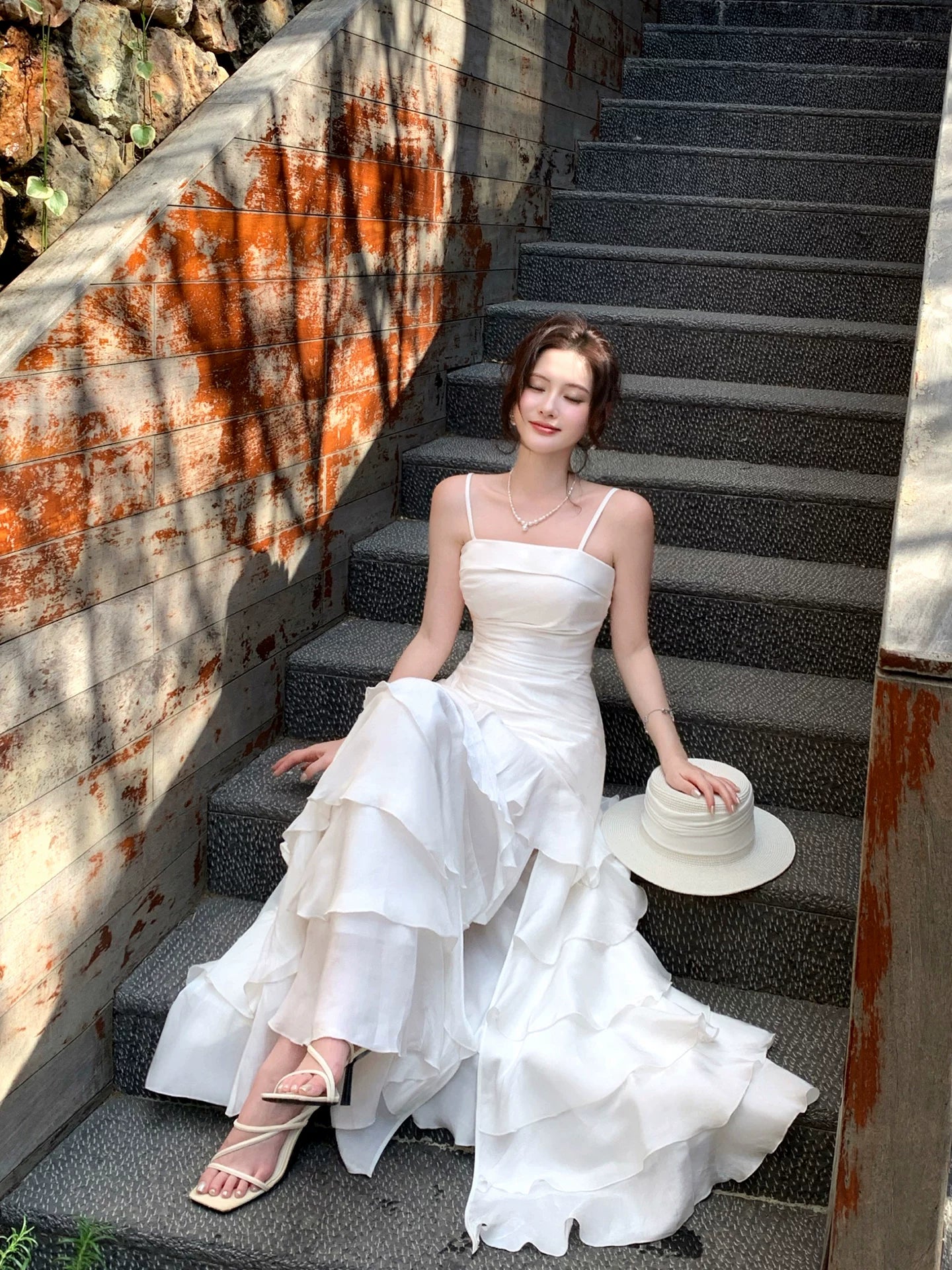 Spaghetti Straps White Ruffled Graduation Dress Layered Birthday Dress P1599