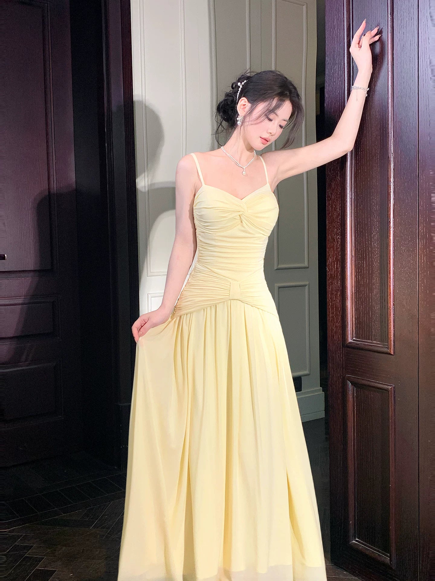 Spaghetti Straps Yellow Formal Prom Dress Summer Wedding Guest Dress P1626