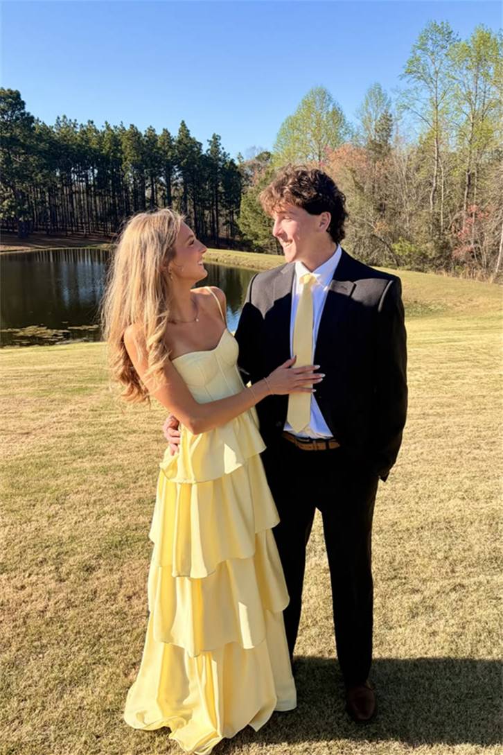 Spaghetti Straps Yellow Satin Ruffle Layered Long Prom Dress P2483