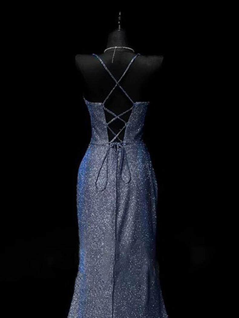 Sparkle Navy Blue Mermaid Long Prom Dress with Slit P945