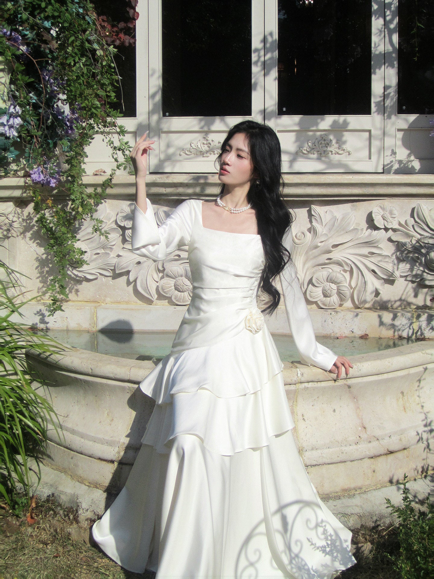Square Neck Long-sleeve Ruffled Dress A Line Prom Dress P639