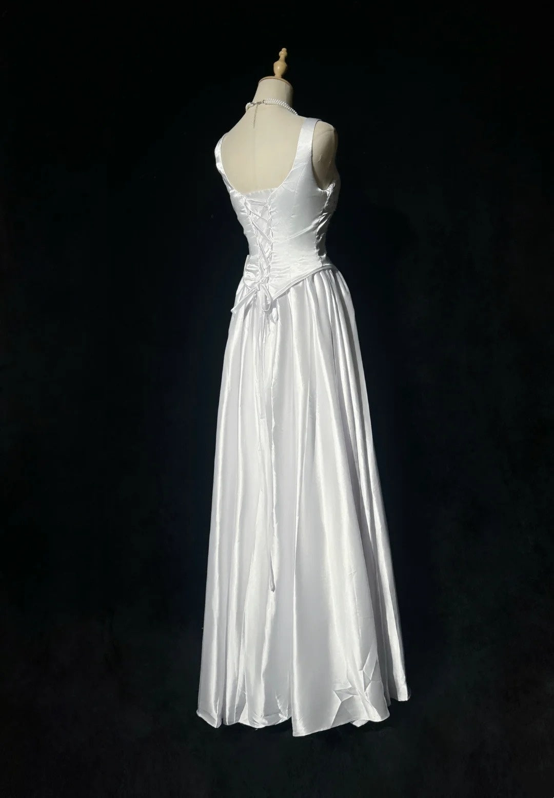 Square Neck White Satin Wedding Dress Retro Evening Gown P2669