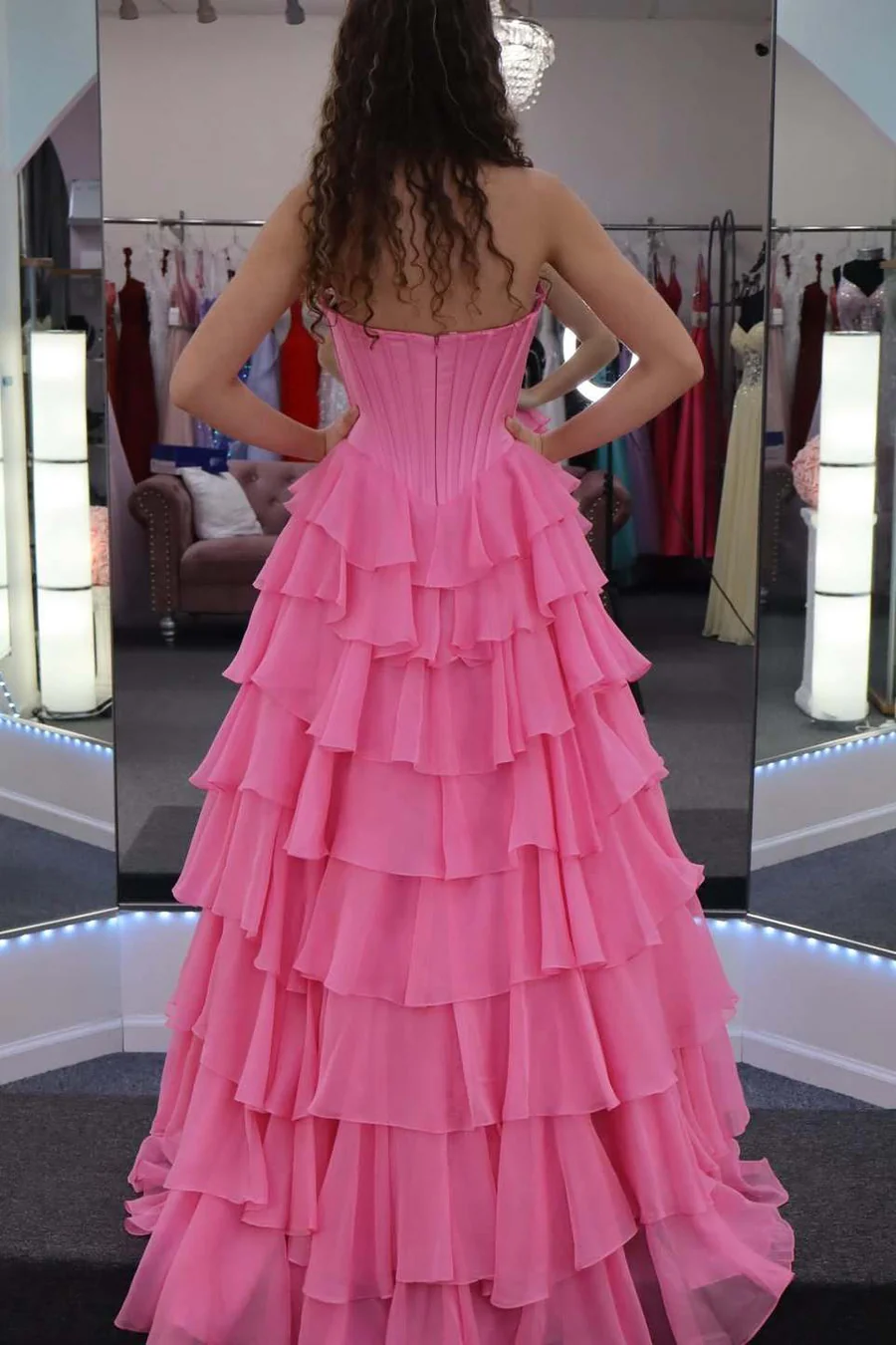 Strapless A-Line Chiffon Layered Pink Long Prom Dress With Slit P866