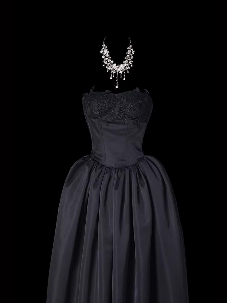 Strapless A Line Black Prom Dress Tie Up Back Formal Dress P693