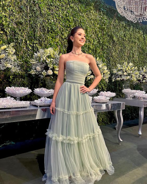 Strapless A Line Green Tulle Prom Dress Formal Wedding Guest Dress P1226