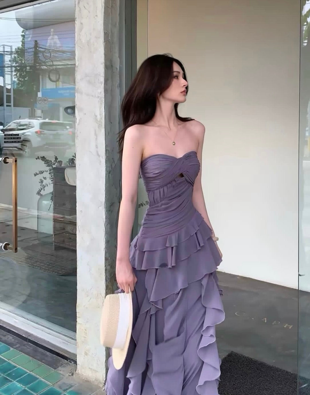 Strapless A Line Ruffled Prom Dress Chiffon Formal Wedding Guest Dress P1607