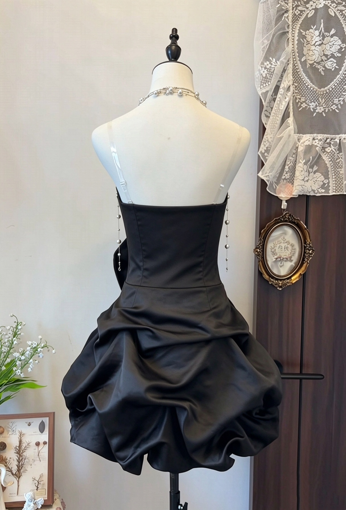 Strapless Black Satin Short Birthday Dress Homecoming Dress P2641