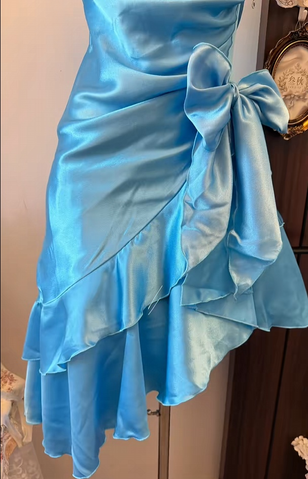 Strapless Blue Ruffled Homecoming Dress With Bow Knot P2025