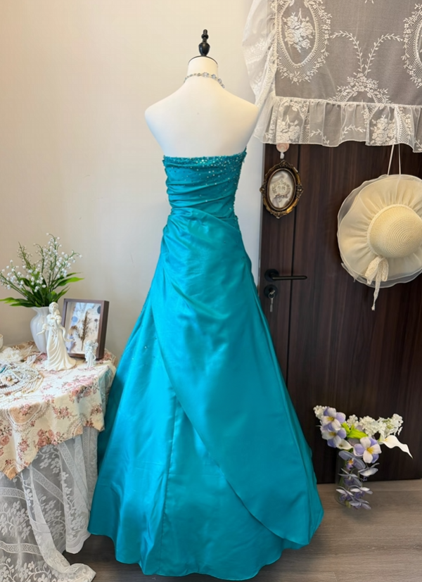 Strapless Blue Satin Formal Prom Dress Beaded Retro Evening Dress P1921