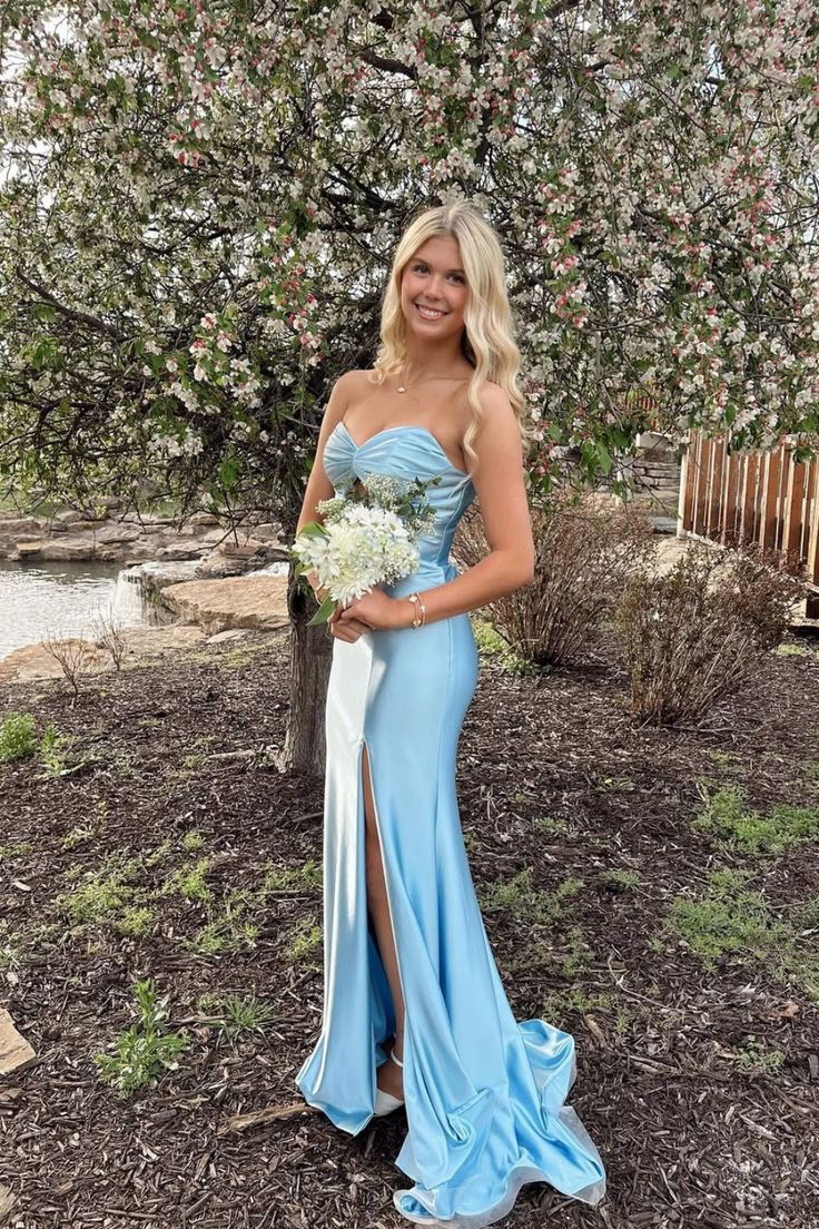Strapless Blue Satin Mermaid Long Dress With Slit P1010