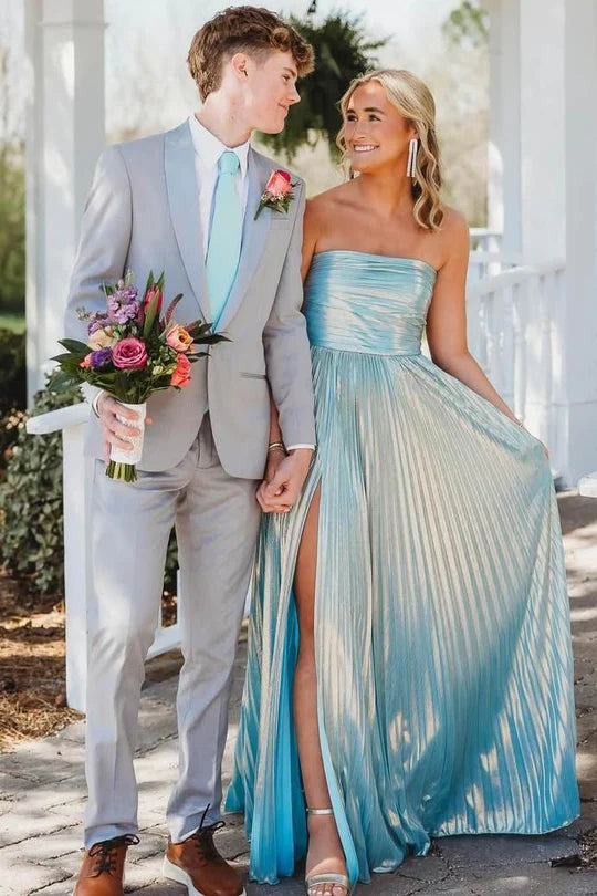 Strapless Blue Satin Pleated A Line Prom Dress With Slit P1150