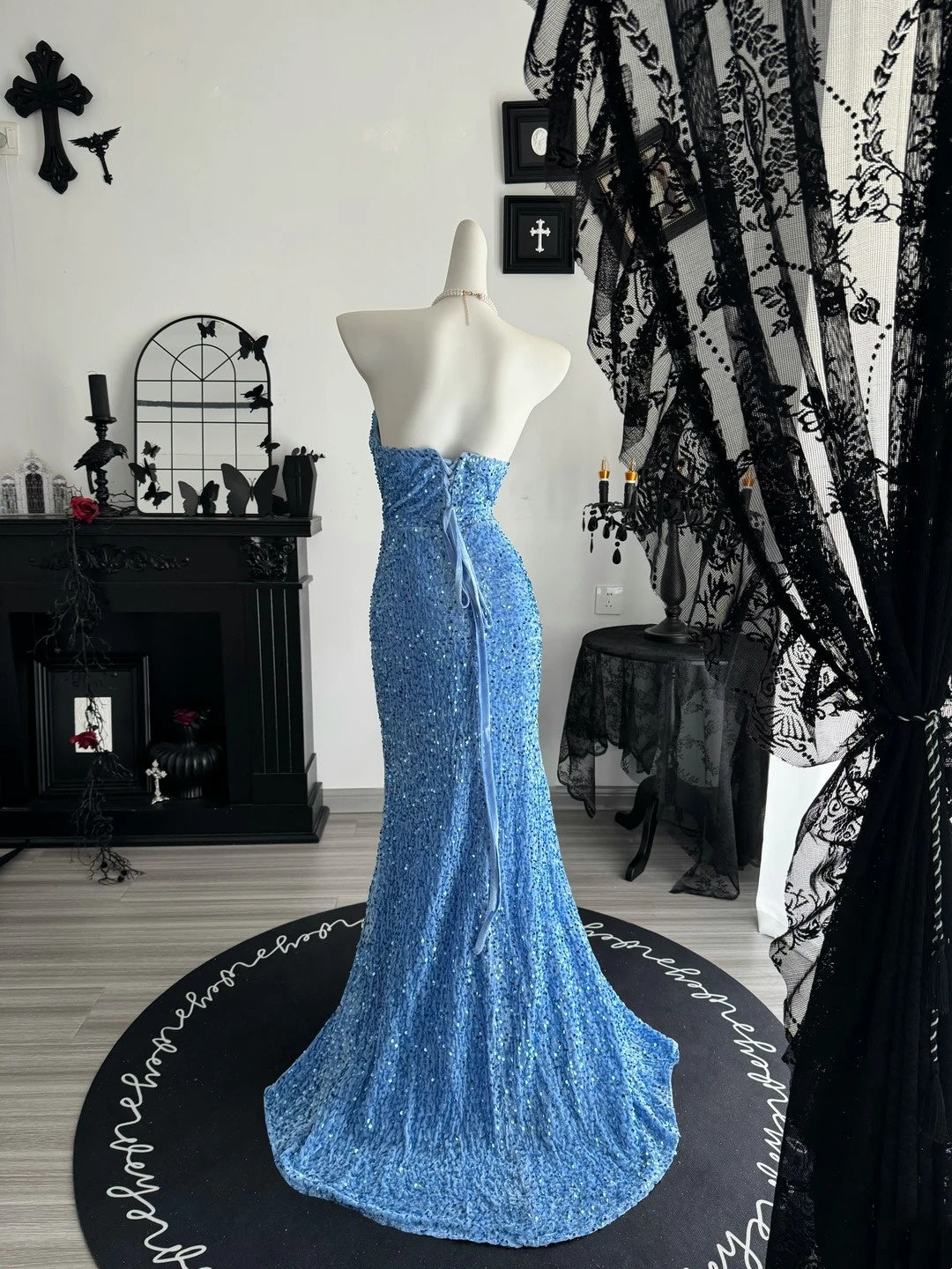 Strapless Blue Sequin Mermaid Prom Dress Formal Evening Dress P1992