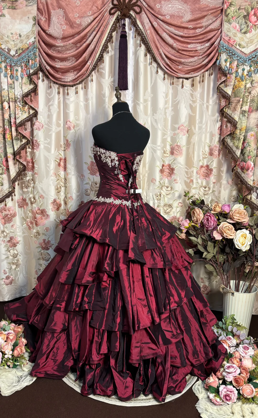 Strapless Burgundy Formal Long Prom Dress Layered Birthday Gown P1134