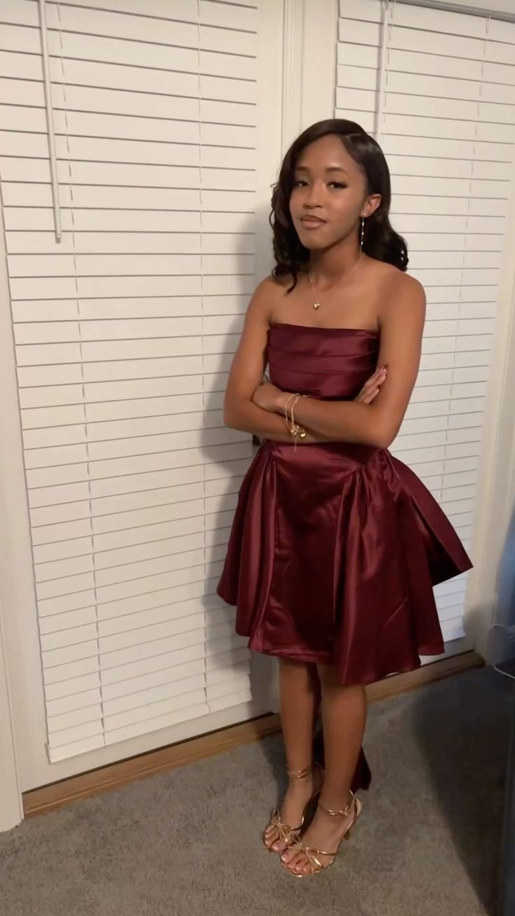 Strapless Burgundy Satin Birthday Dress Short Homecoming Dress P1428
