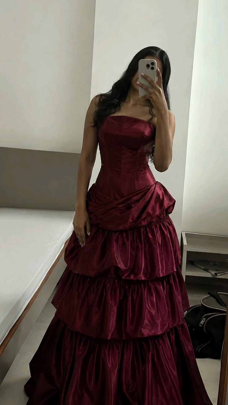 Strapless Burgundy Satin Prom Dress Layered Birthday Gown P1547