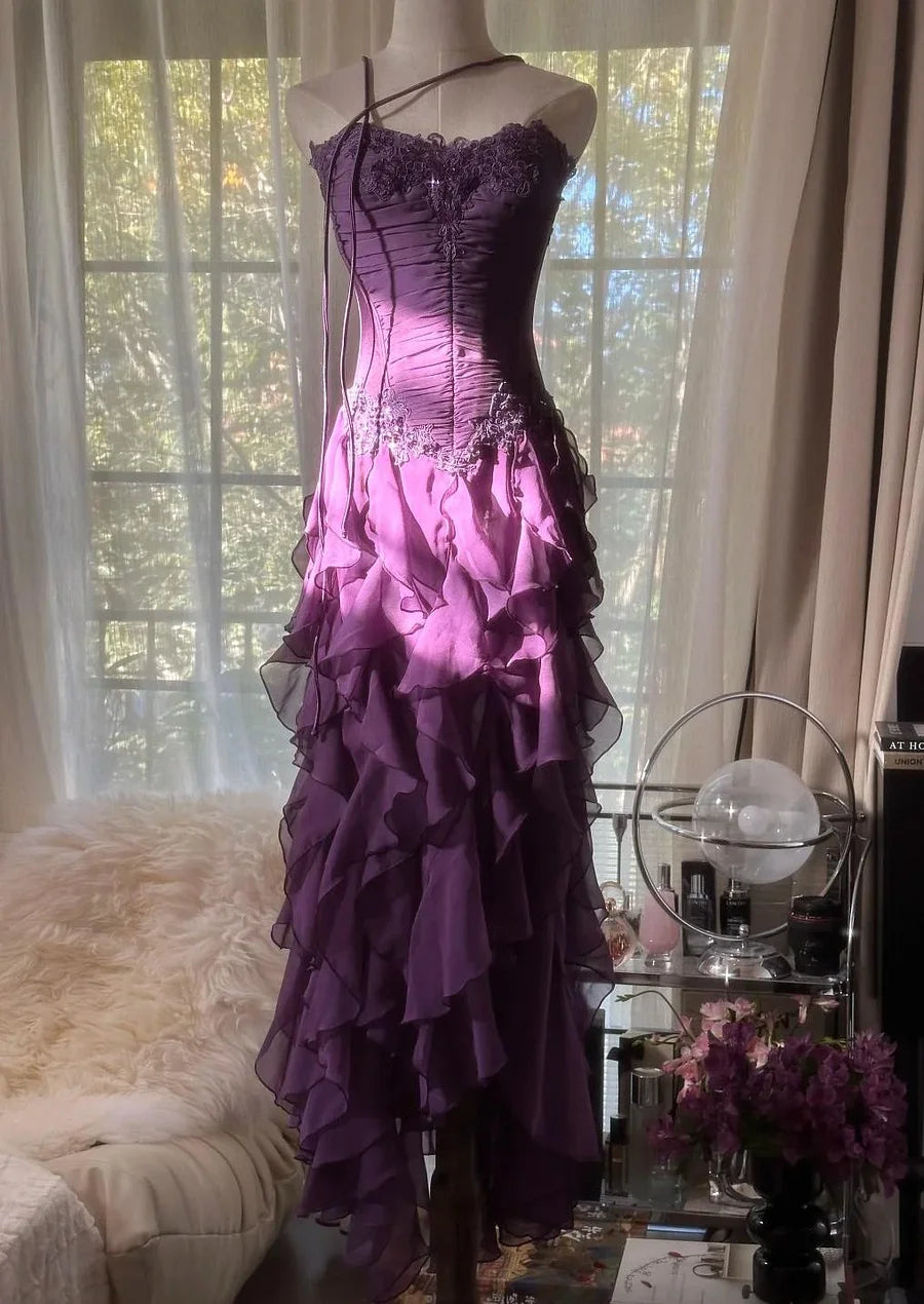 Strapless Chiffon Applique Long Prom Dresses Backless Party Dresses P892