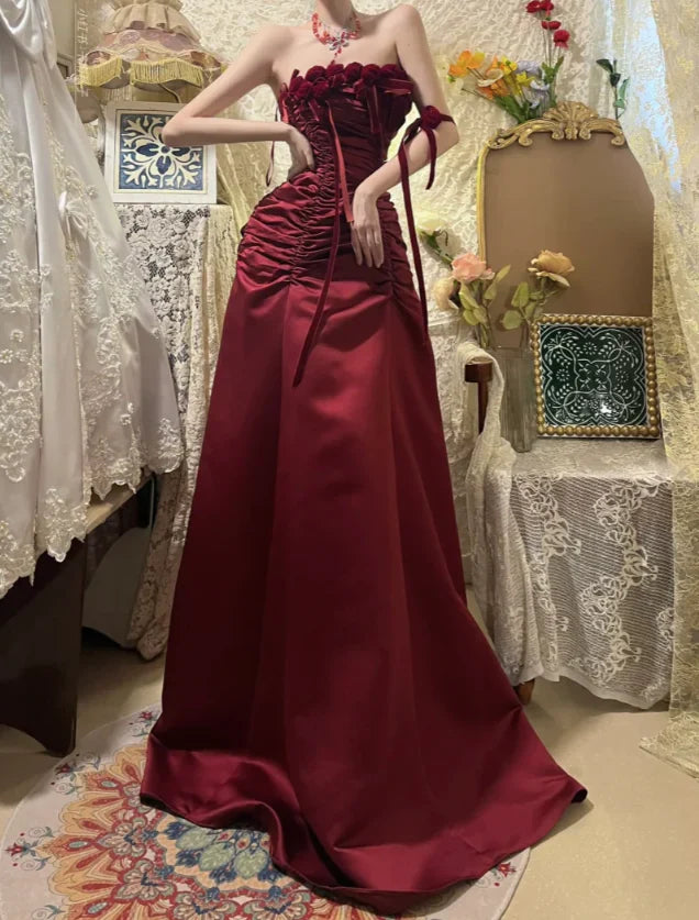 Strapless Floral Burgundy Long Prom Dress Satin A Line Formal Dress P741