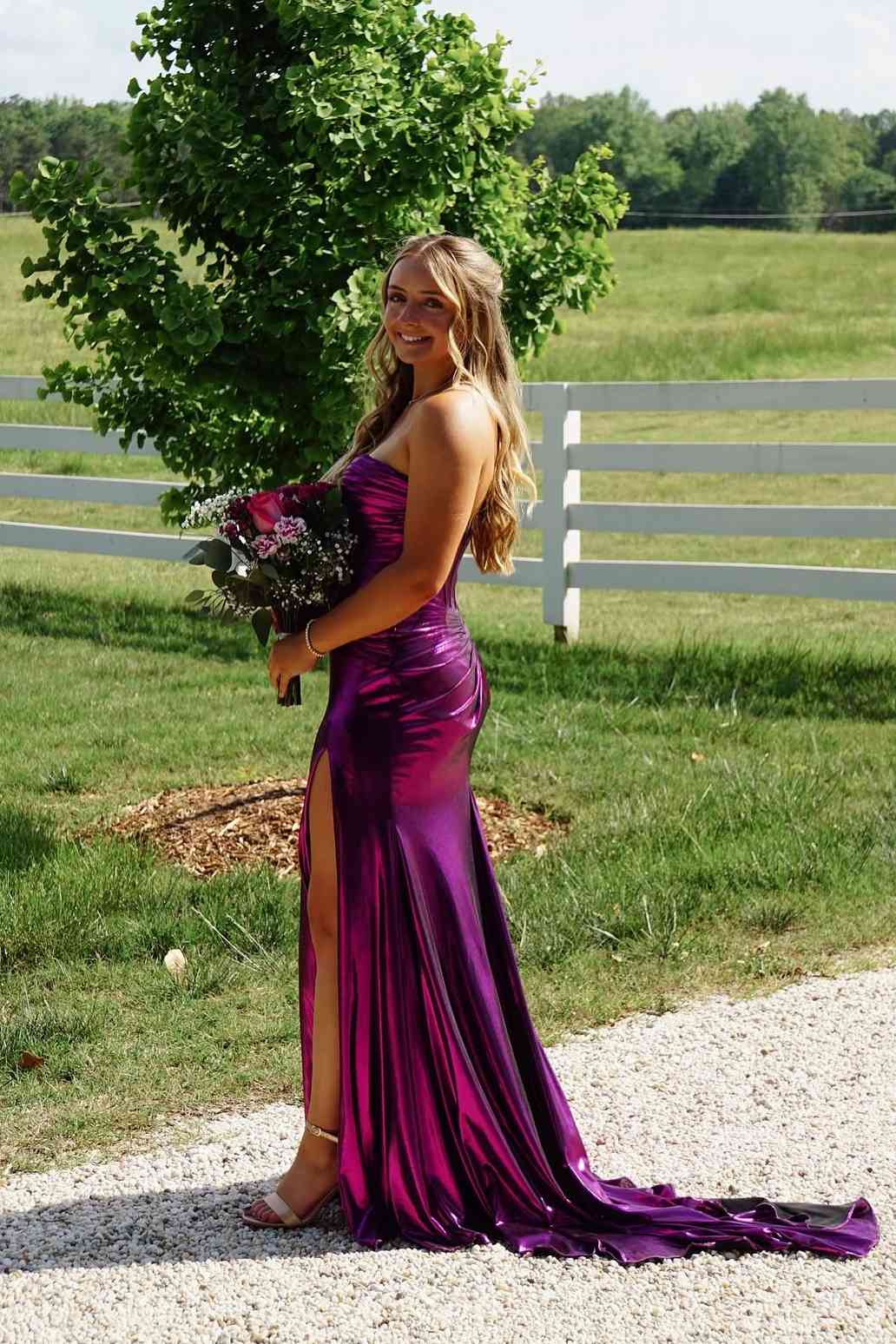 Strapless Fuchsia Mermaid Formal Long Dress With Slit P2477