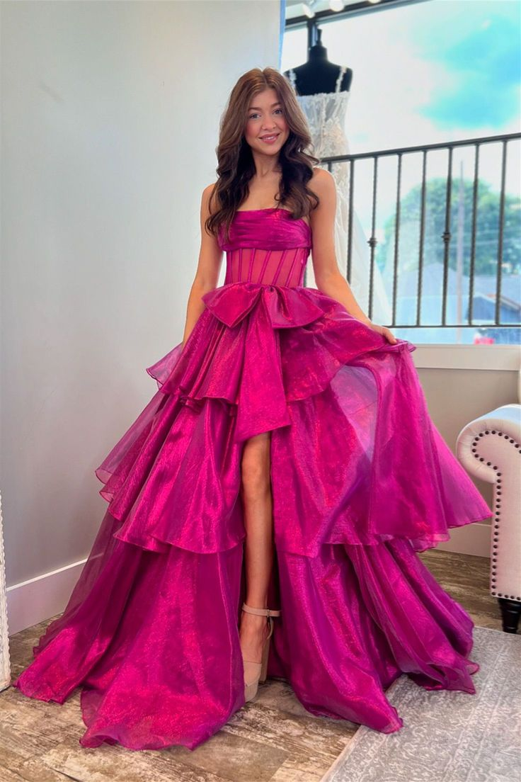 Strapless Fuchsia Tiered A Line Long Prom Dress With Bow P907