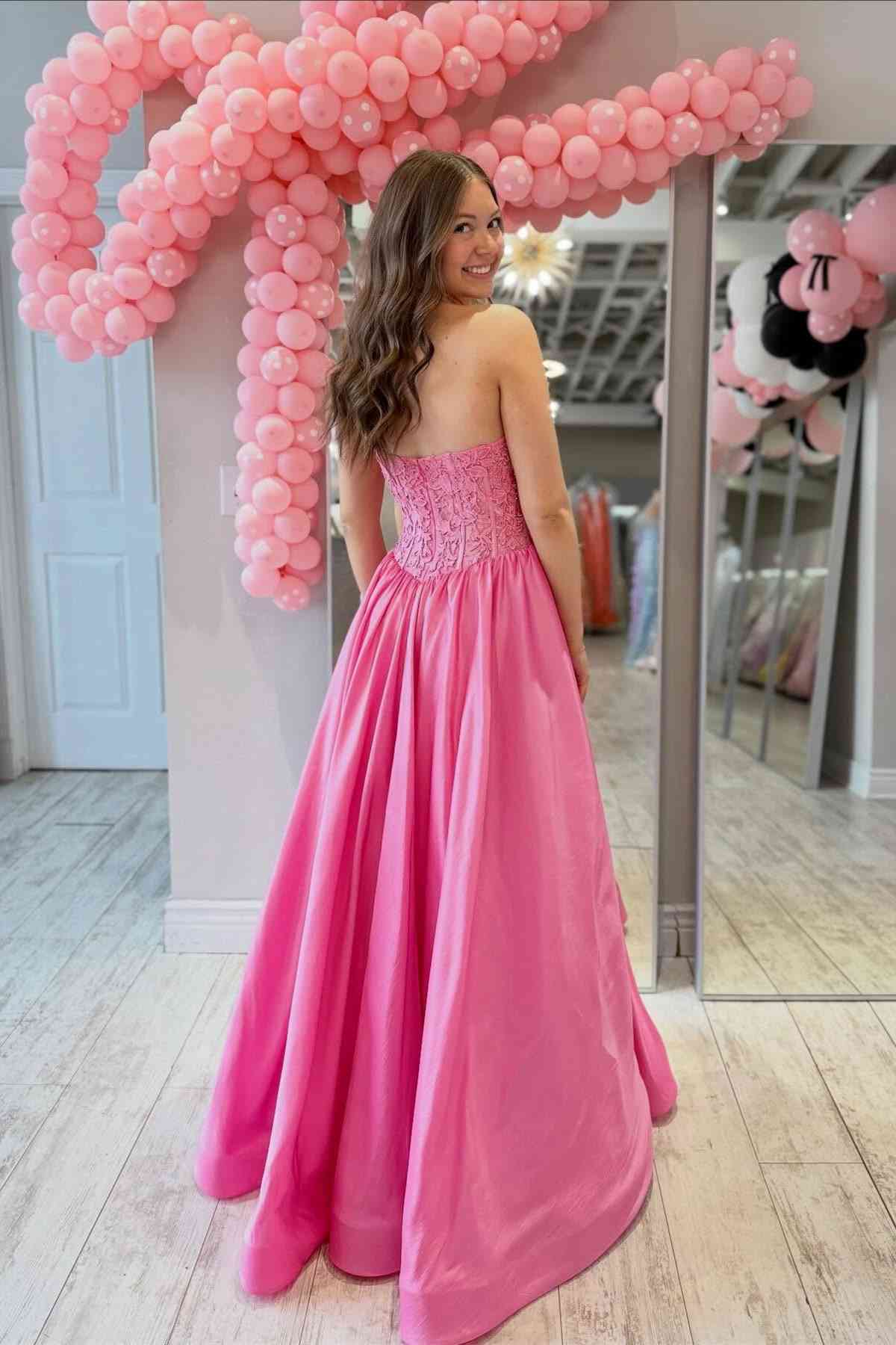 Strapless Hot Pink Appliques A-Line Long Prom Dress P2479