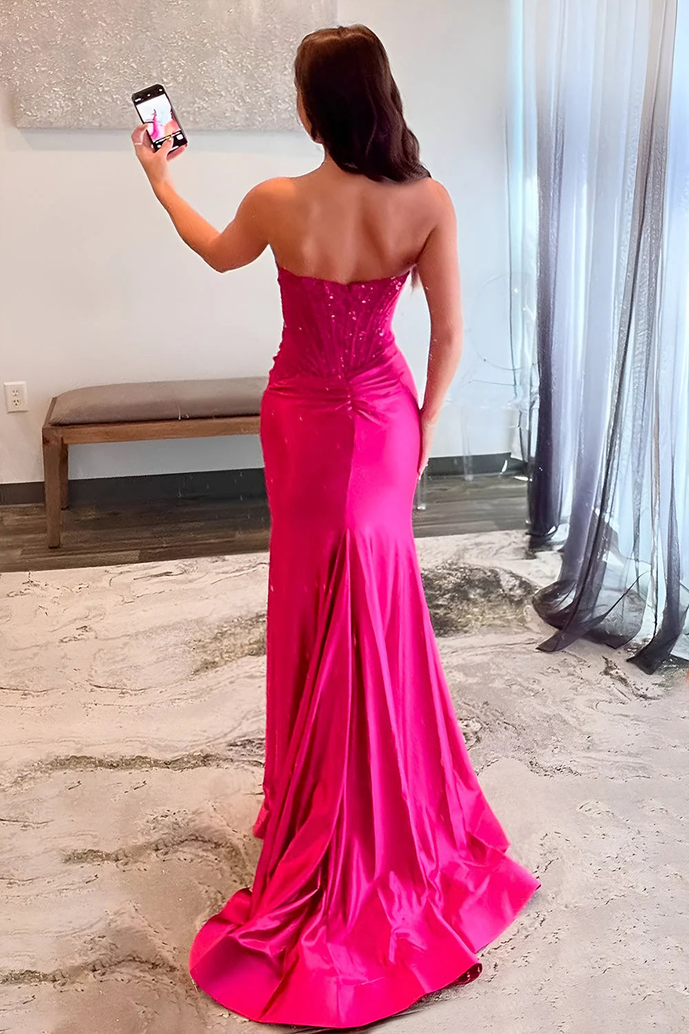 Strapless Hot Pink Mermaid Satin Prom Dress Formal Evening Dress P954