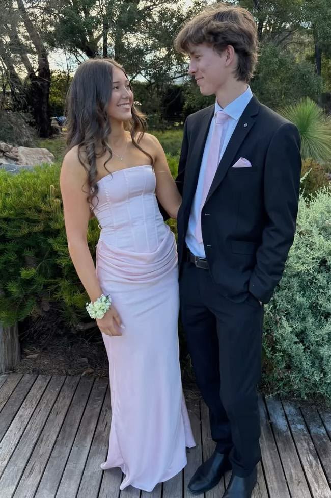 Strapless Light Pink Satin Prom Dress Sheath Wedding Guest Dress P1649